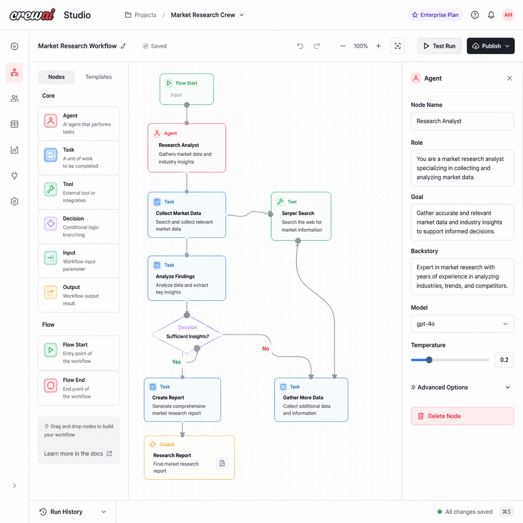 CrewAI visual editor interface